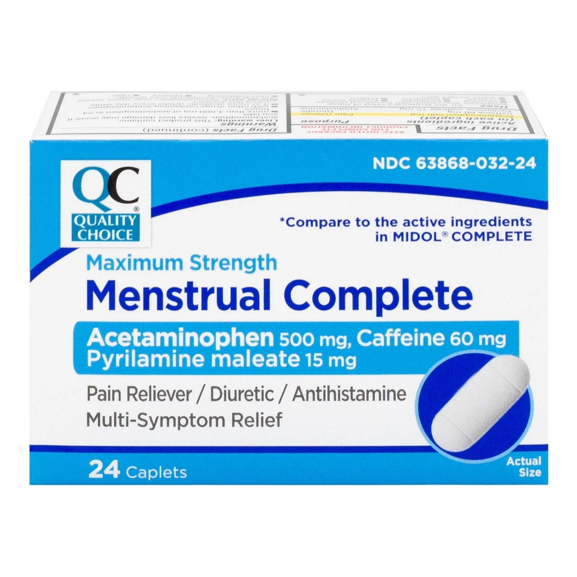 Quality Choice Menstrual Complete Max Strength Period Pain Relief, 500 mg of Acetaminophen, 60mg of Caffeine, 15mg of Pyrilamine Maleate, Cramps, Bloating, Headache. 24 Count. - dailyvitalstore