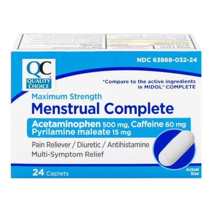 Quality Choice Menstrual Complete Max Strength Period Pain Relief, 500 mg of Acetaminophen, 60mg of Caffeine, 15mg of Pyrilamine Maleate, Cramps, Bloating, Headache. 24 Count. - dailyvitalstore