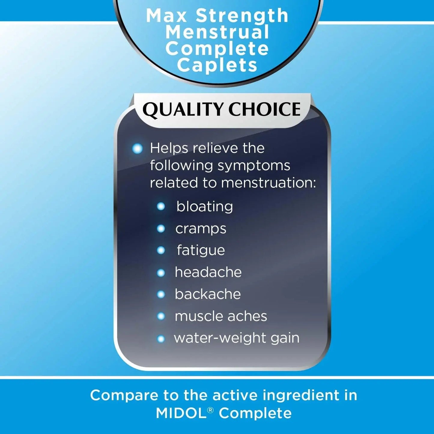 Quality Choice Menstrual Complete Max Strength Period Pain Relief, 500 mg of Acetaminophen, 60mg of Caffeine, 15mg of Pyrilamine Maleate, Cramps, Bloating, Headache. 24 Count. - dailyvitalstore