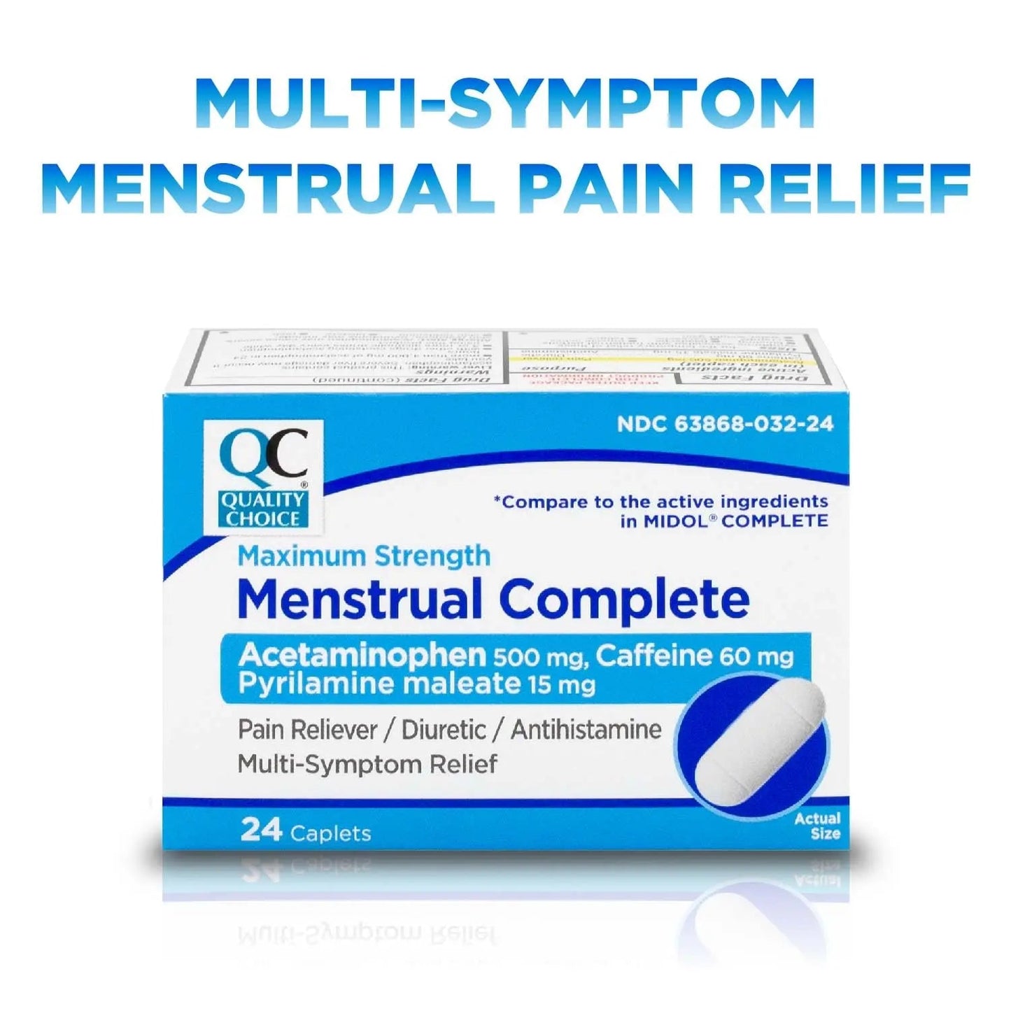 Quality Choice Menstrual Complete Max Strength Period Pain Relief, 500 mg of Acetaminophen, 60mg of Caffeine, 15mg of Pyrilamine Maleate, Cramps, Bloating, Headache. 24 Count. - dailyvitalstore