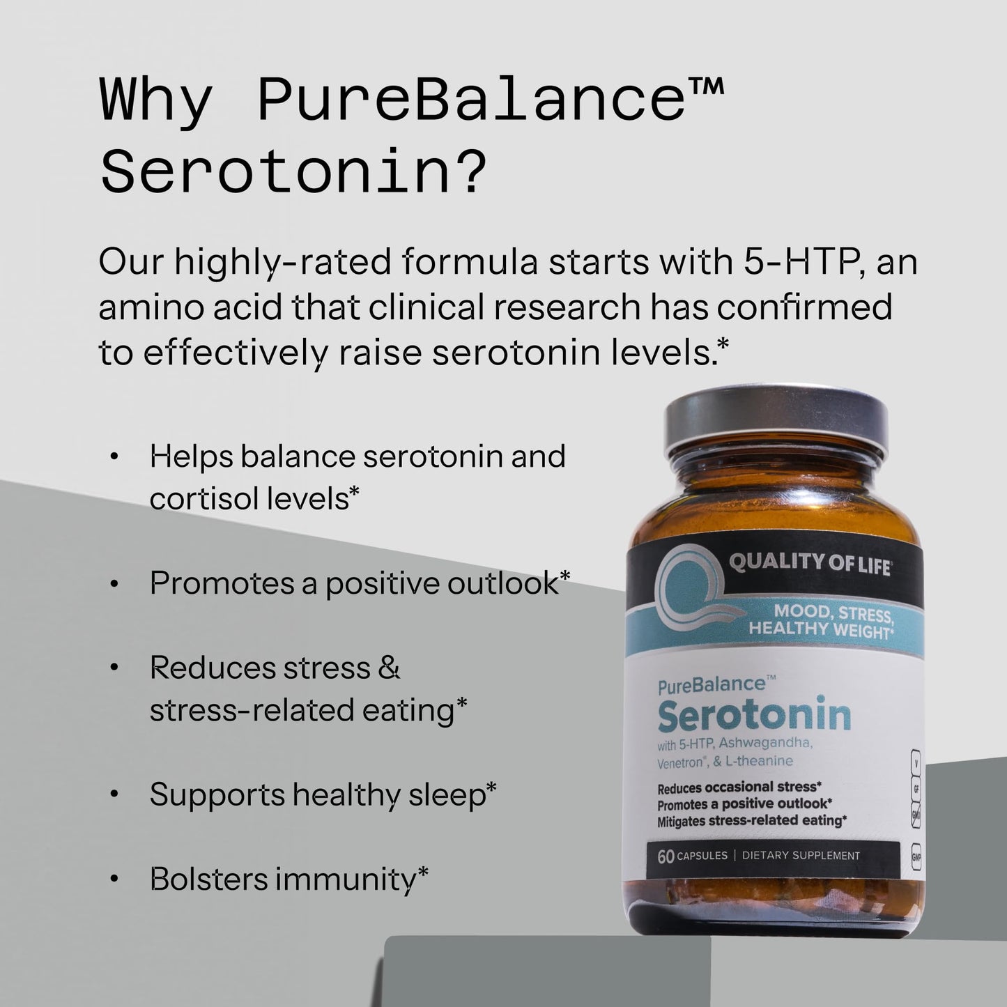 Quality of Life Pure Balance Serotonin Premium–Helps Boost Serotonin & Cortisol Levels - Includes 5-HTP, Venetron, Sensoril, Vitamin D3 & L-Theanine–60 Capsules - dailyvitalstore