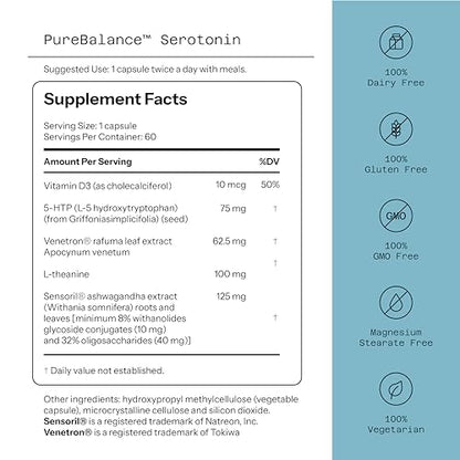 Quality of Life Pure Balance Serotonin Premium–Helps Boost Serotonin & Cortisol Levels - Includes 5-HTP, Venetron, Sensoril, Vitamin D3 & L-Theanine–60 Capsules - dailyvitalstore