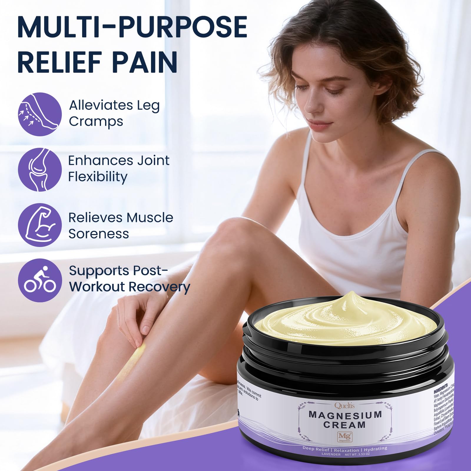 QUELTIS Magnesium Cream, Magnesium Lotion for Sleep, Pain & Leg Cramps, Topical Magnesium Chloride Cream for Muscle Relaxation, Calm, Moisturizing - dailyvitalstore