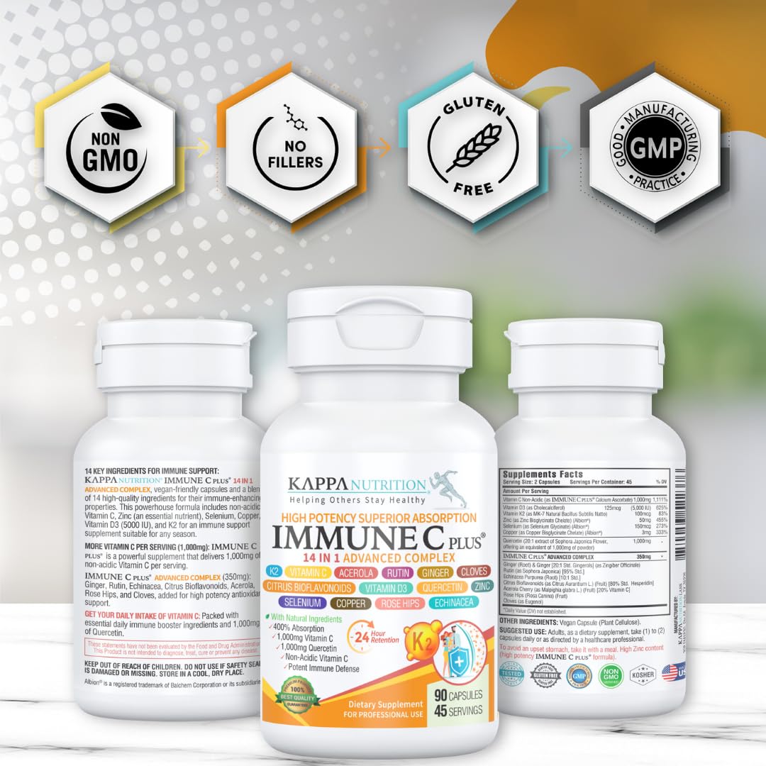 Quercetin 1,000mg, Vitamin C 1,000mg, Zinc 50mg, Vitamin D3 5,000iu, Selenium, Copper, Acerola, Ginger, Rutin, Bitter Orange, Rose Hips, Echinacea, Immune C Plus, 14 in 1 Immune C Plus (60 Count) - dailyvitalstore