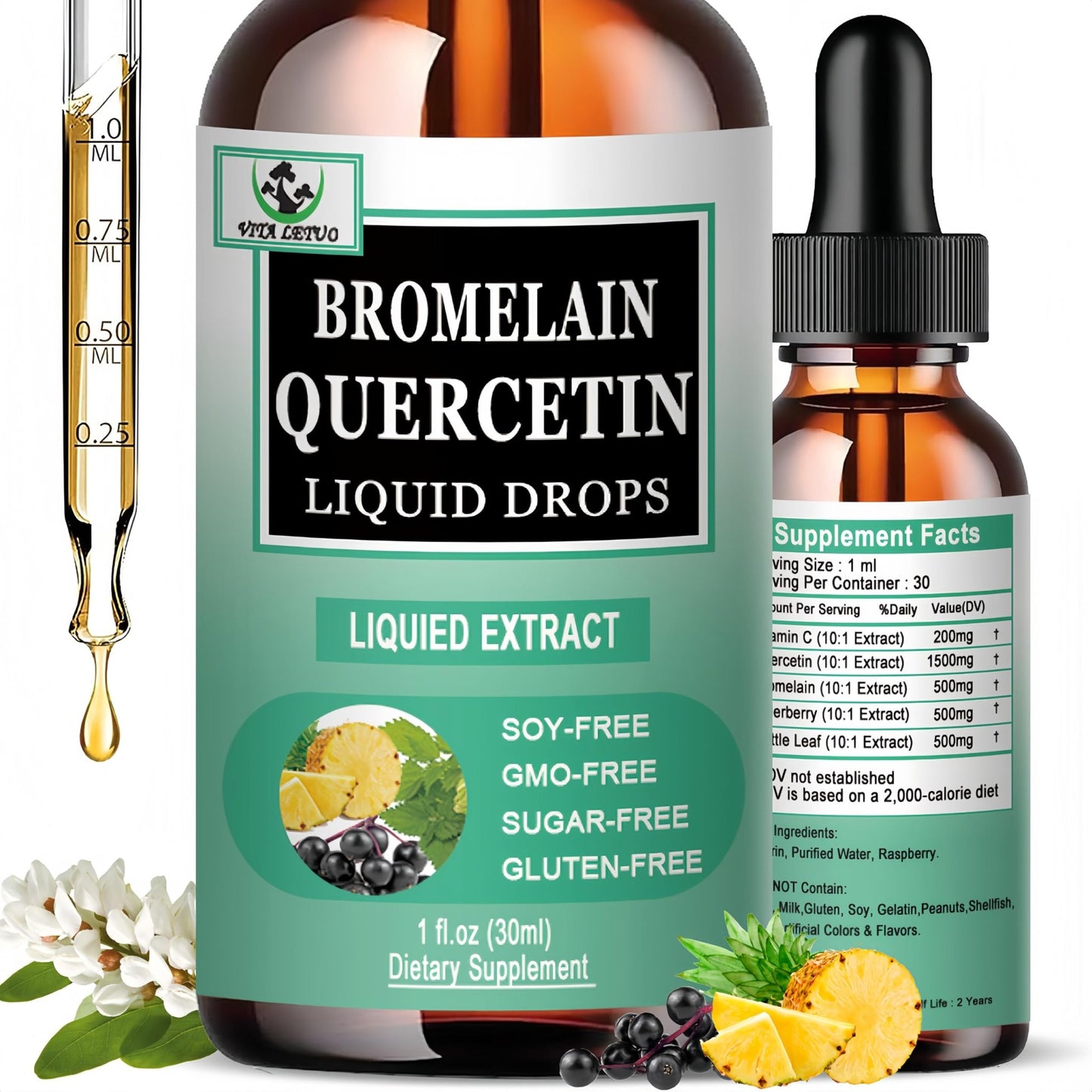 Quercetin Liquid Drops, Quercetin with Bromelain Elderberry Nettle Leaf Vitamin C Liquid Supplements, High Absorption Quercetin Liquid Drops for Women Men, Healthy Immune Antioxidant Support, Non-GMO - dailyvitalstore