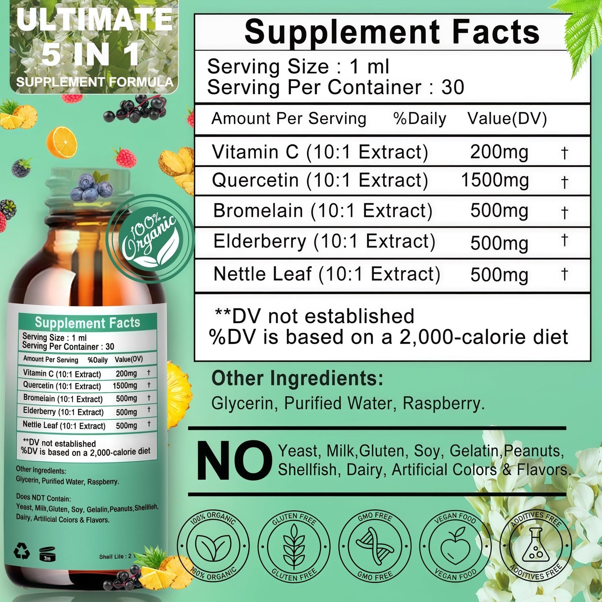 Quercetin Liquid Drops, Quercetin with Bromelain Elderberry Nettle Leaf Vitamin C Liquid Supplements, High Absorption Quercetin Liquid Drops for Women Men, Healthy Immune Antioxidant Support, Non-GMO - dailyvitalstore