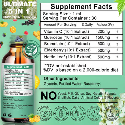 Quercetin Liquid Drops, Quercetin with Bromelain Elderberry Nettle Leaf Vitamin C Liquid Supplements, High Absorption Quercetin Liquid Drops for Women Men, Healthy Immune Antioxidant Support, Non-GMO - dailyvitalstore
