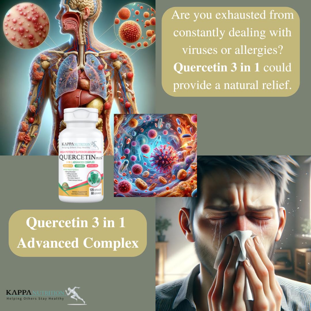QUERCETIN PLUS, Quercetin 1,000mg, Bromelain 500mg and Vitamin C 1,000mg, (120 Capsules), 3 in 1 from Bioflavonoids, Supports Immune, Cardiovascular & Respiratory Health, Seasonal Allergy Relief. - dailyvitalstore