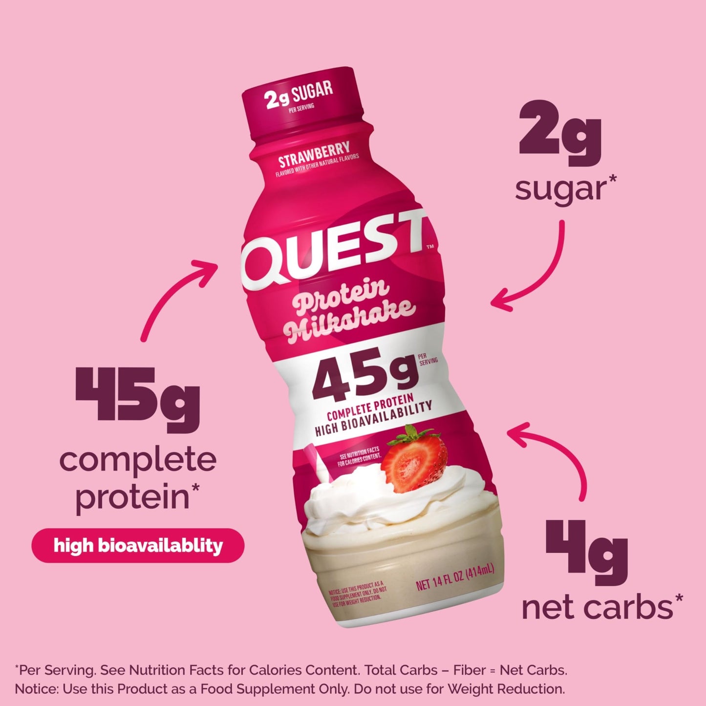Quest Nutrition Strawberry Protein Shake, 45g Protein, 2g Sugar, 4g Net Carbs, Ready to Drink, Gluten Free, 4 Count - dailyvitalstore