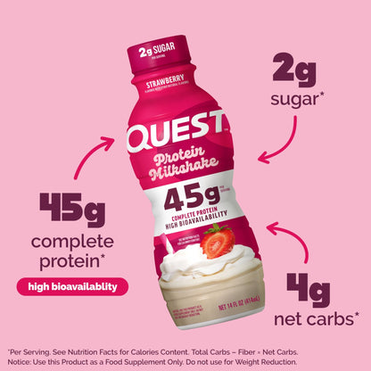 Quest Nutrition Strawberry Protein Shake, 45g Protein, 2g Sugar, 4g Net Carbs, Ready to Drink, Gluten Free, 4 Count - dailyvitalstore