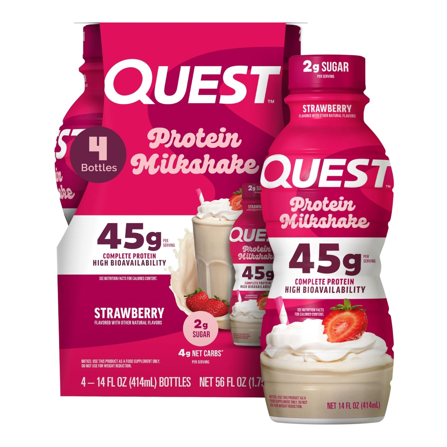 Quest Nutrition Strawberry Protein Shake, 45g Protein, 2g Sugar, 4g Net Carbs, Ready to Drink, Gluten Free, 4 Count - dailyvitalstore