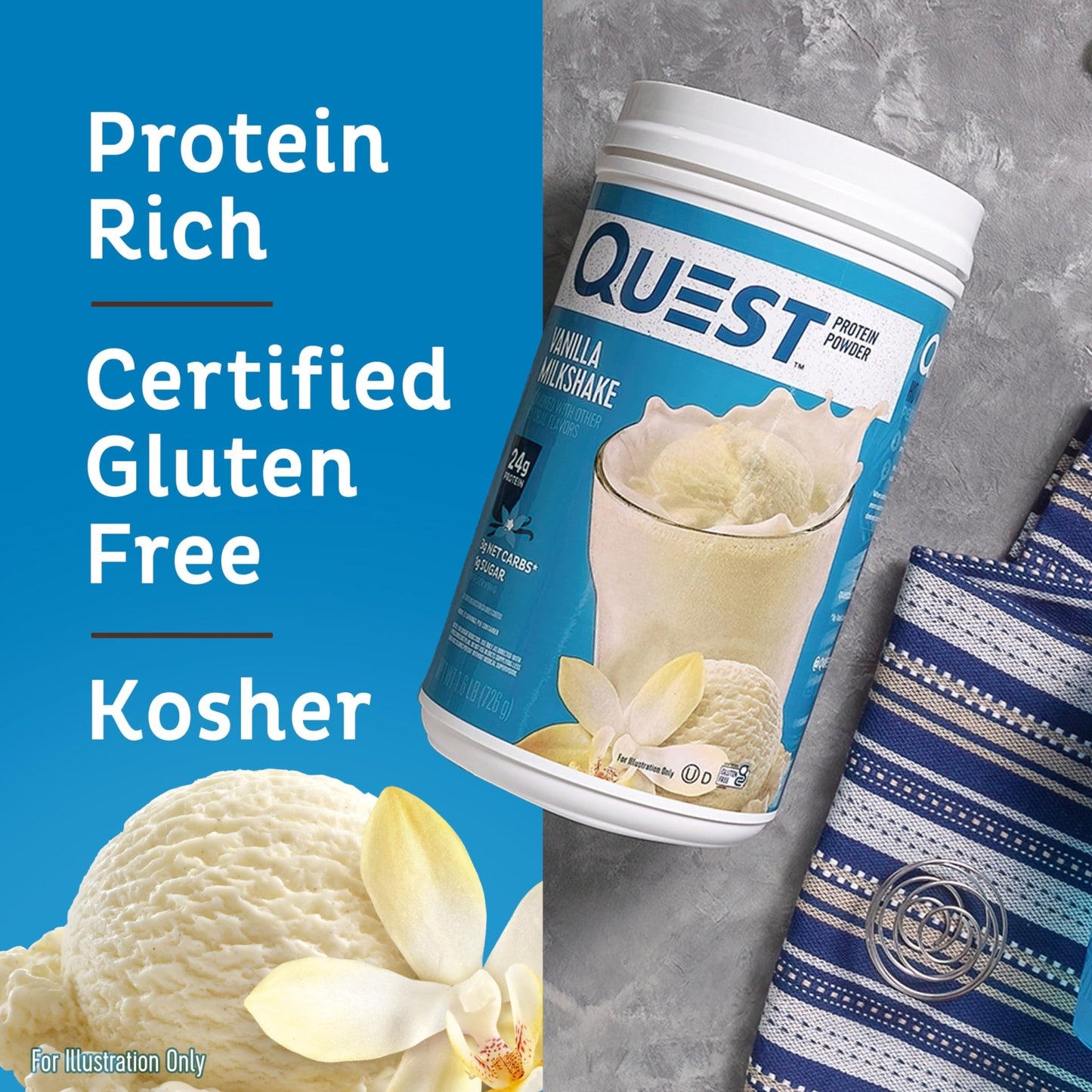 Quest Nutrition Vanilla Milkshake Protein Powder, 24g of Protein, 1g of Sugar, Low Carb, Gluten Free, 1.6 Pound, 23 Servings - dailyvitalstore