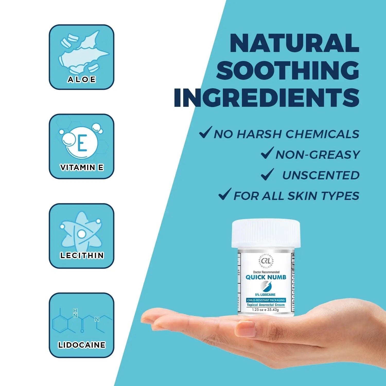 Quick Numb 5% Lidocaine Cream Maximum Strength Liposomal, Fast Itch Burn Pain Relief Cream with Aloe Allantoin Vitamin E, Gentle on Skin Support Healing Hemorrhoid Treatment 1.25 oz - dailyvitalstore