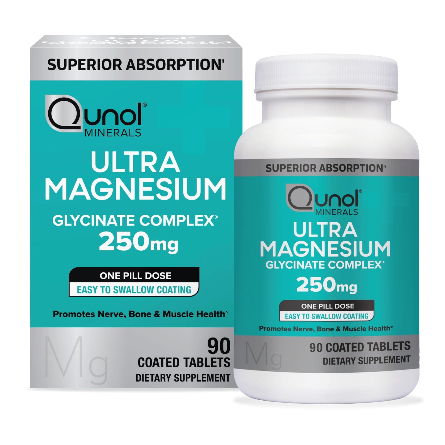 Qunol Magnesium Glycinate Complex, Gentle on Stomach, 250mg One Pill Dose, Superior-Absorption Magnesium, Nerve, - dailyvitalstore