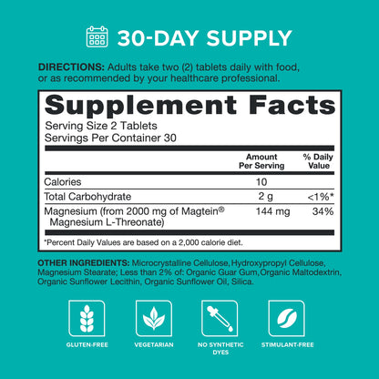 Qunol Q-Mag Magnesium L-Threonate Tablets, 2000mg of Magtein to Help Support Cognitive Performance, Improve Mental Alertness & Productivity, Supports Restful Sleep, High Absorption, 60 Count - dailyvitalstore