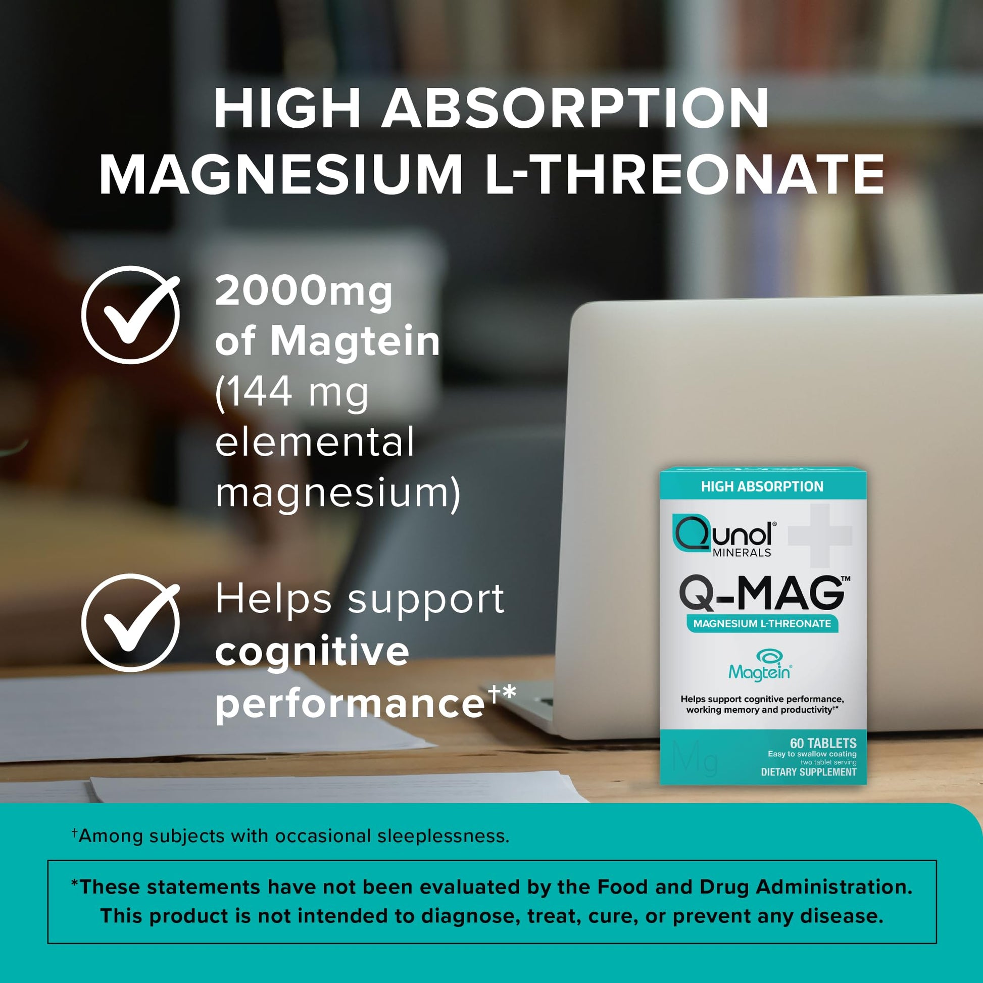 Qunol Q-Mag Magnesium L-Threonate Tablets, 2000mg of Magtein to Help Support Cognitive Performance, Improve Mental Alertness & Productivity, Supports Restful Sleep, High Absorption, 60 Count - dailyvitalstore