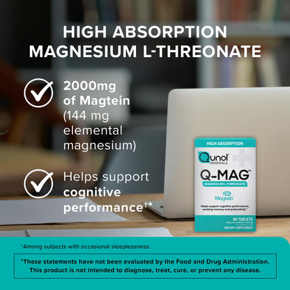 Qunol Q-Mag Magnesium L-Threonate Tablets, 2000mg of Magtein to Help Support Cognitive Performance, Improve Mental Alertness & Productivity, Supports Restful Sleep, High Absorption, 60 Count - dailyvitalstore