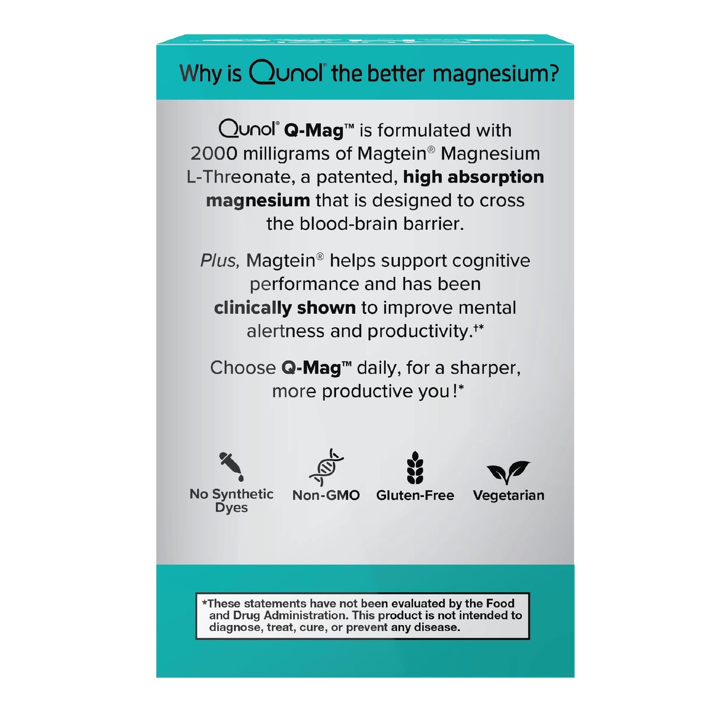Qunol Q-Mag Magnesium L-Threonate Tablets, 2000mg of Magtein to Help Support Cognitive Performance, Improve Mental Alertness & Productivity, Supports Restful Sleep, High Absorption, 60 Count - dailyvitalstore