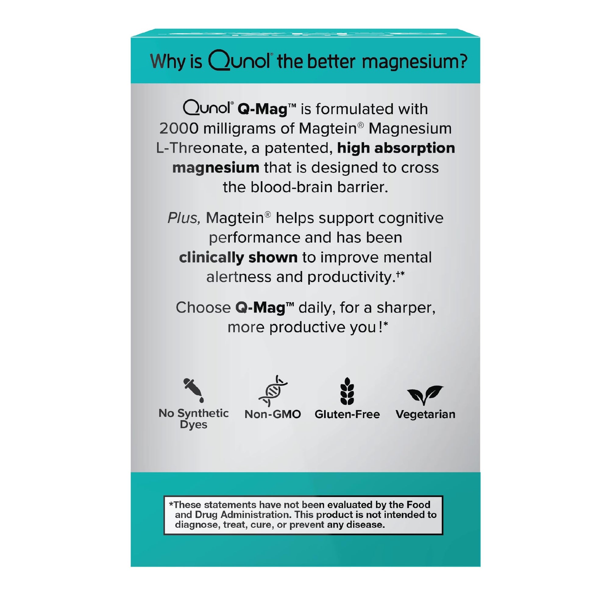 Qunol Q-Mag Magnesium L-Threonate Tablets, 2000mg of Magtein to Help Support Cognitive Performance, Improve Mental Alertness & Productivity, Supports Restful Sleep, High Absorption, 60 Count - dailyvitalstore
