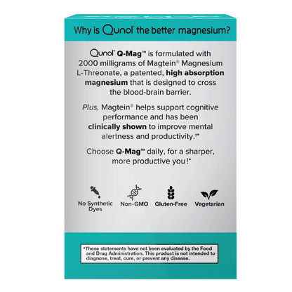Qunol Q-Mag Magnesium L-Threonate Tablets, 2000mg of Magtein to Help Support Cognitive Performance, Improve Mental Alertness & Productivity, Supports Restful Sleep, High Absorption, 60 Count - dailyvitalstore
