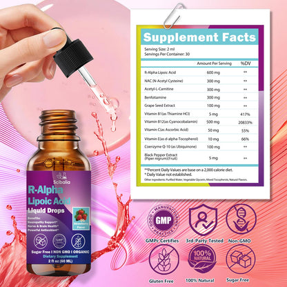 R Alpha Lipoic Acid 600mg Liquid Drops for Neuropathy, Advanced 11-in-1 Stabilized R-ALA Supplement w. Benfotiamine Acetyl L-Carnitine Vitamin C E for Antioxidant Nerve Brain Energy Health Non GMO - dailyvitalstore