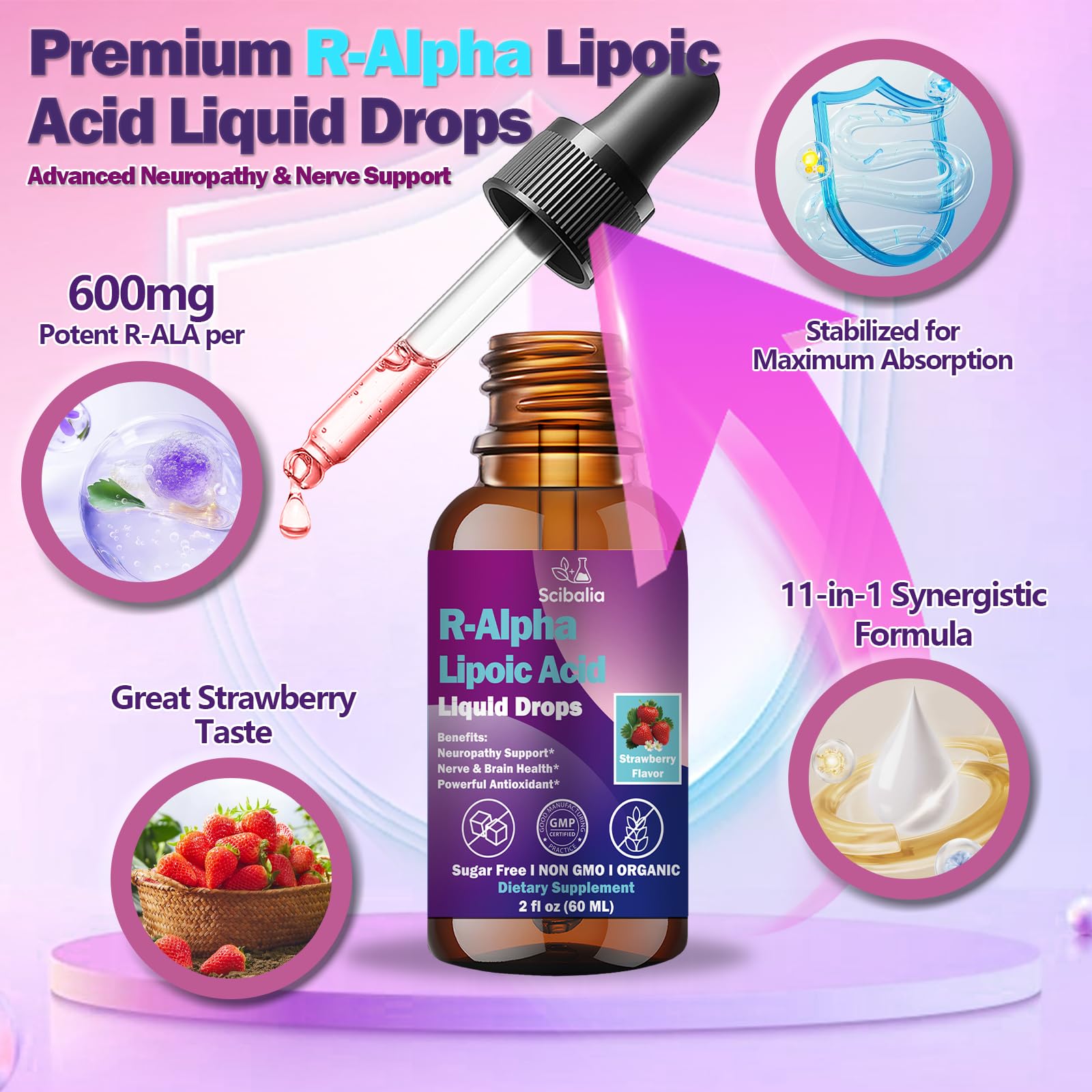 R Alpha Lipoic Acid 600mg Liquid Drops for Neuropathy, Advanced 11-in-1 Stabilized R-ALA Supplement w. Benfotiamine Acetyl L-Carnitine Vitamin C E for Antioxidant Nerve Brain Energy Health Non GMO - dailyvitalstore