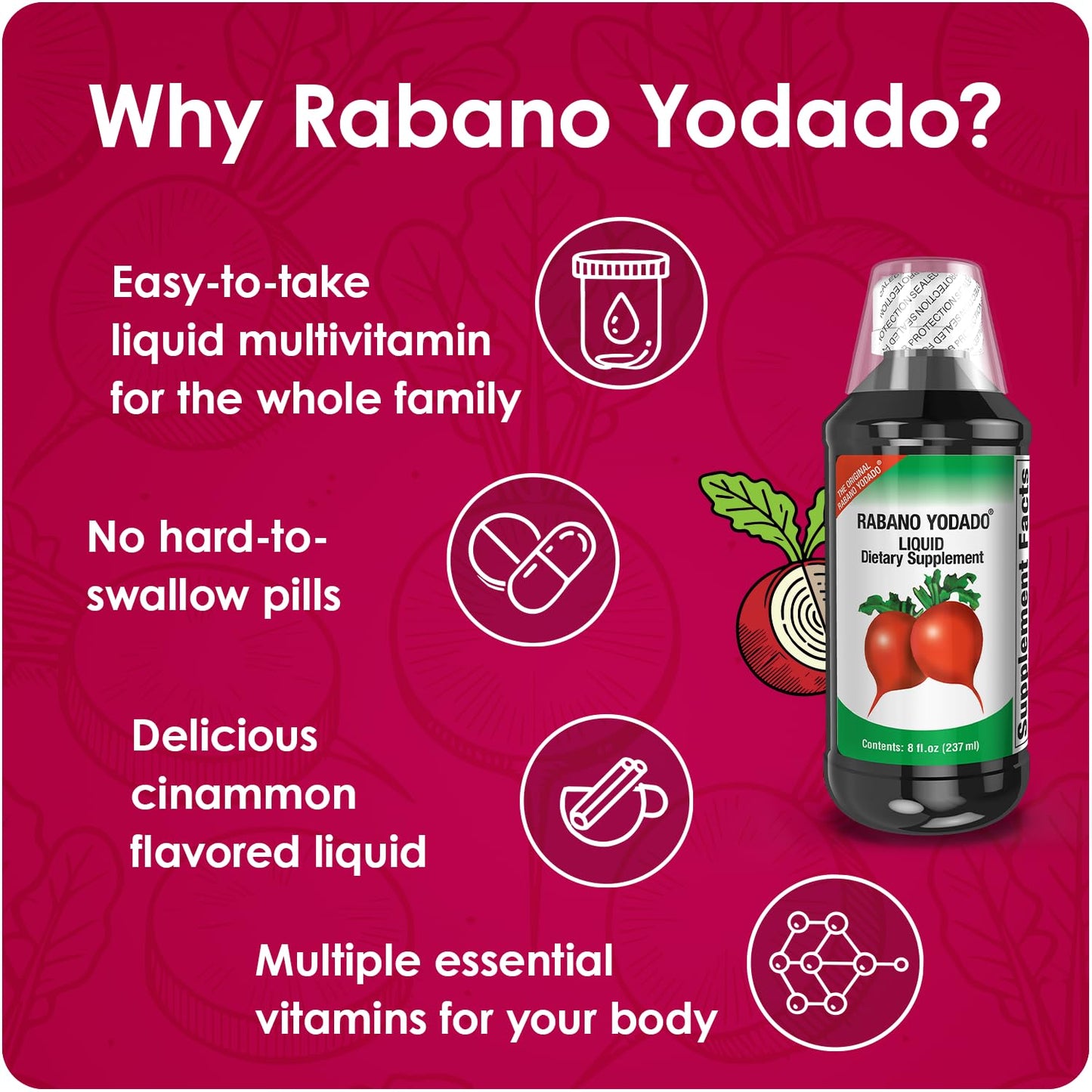 Rabano Yodado Ionized Radish Dietary Liquid Supplement with Iodine, Vitamin B1, B6 & B12, Wellness & Digestive Support, Helps Maintain Natural Energy & Nutrient Balance, 8 Fl Oz, Pack of 1 - dailyvitalstore