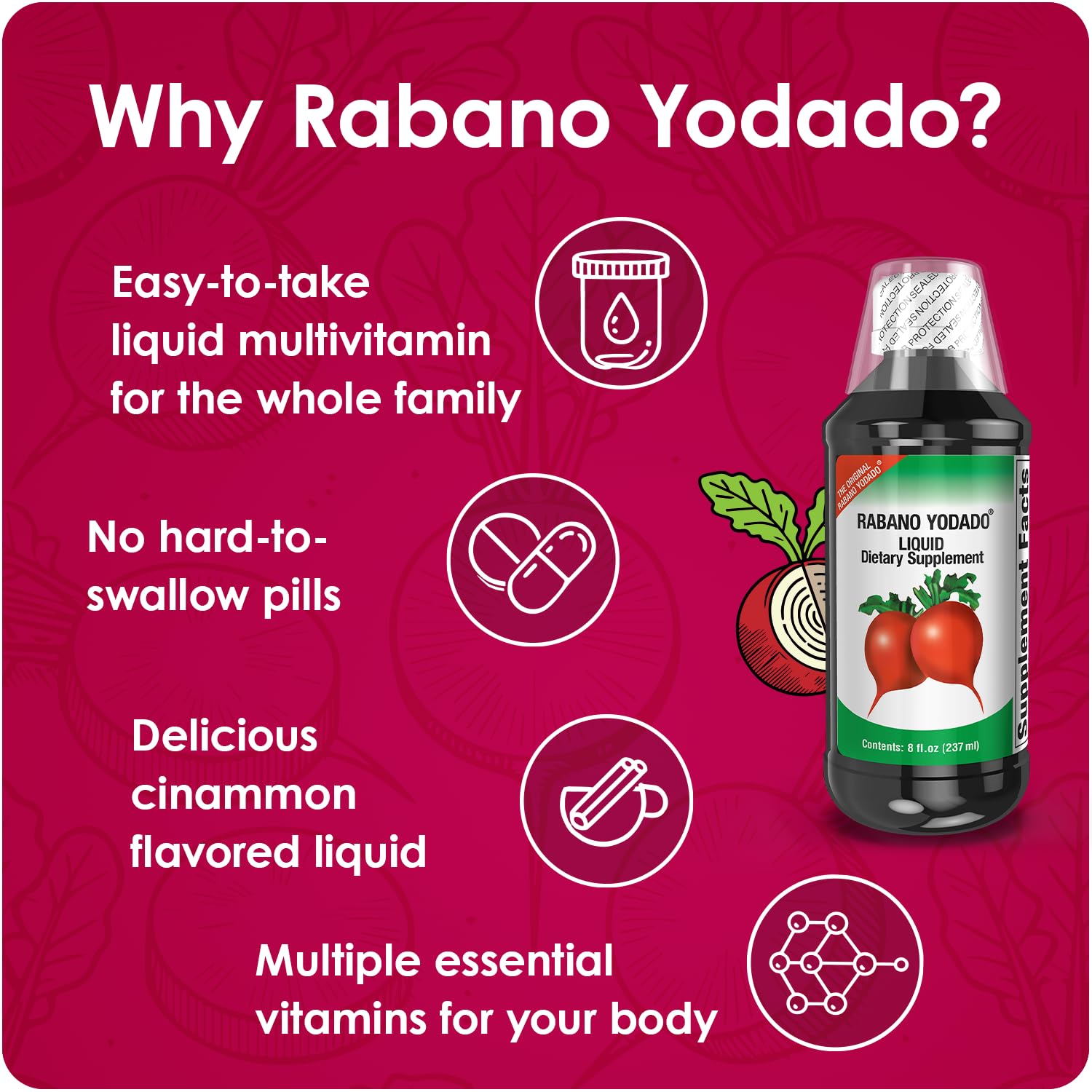 Rabano Yodado Ionized Radish Dietary Liquid Supplement with Iodine, Vitamin B1, B6 & B12, Wellness & Digestive Support, Helps Maintain Natural Energy & Nutrient Balance, 8 Fl Oz, Pack of 1 - dailyvitalstore