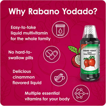 Rabano Yodado Ionized Radish Dietary Liquid Supplement with Iodine, Vitamin B1, B6 & B12, Wellness & Digestive Support, Helps Maintain Natural Energy & Nutrient Balance, 8 Fl Oz, Pack of 1 - dailyvitalstore