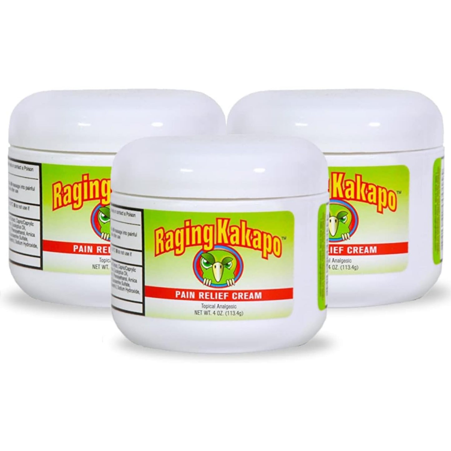 Raging Kakapo Pain Relief Cream 3 Pack - Sore Muscles, Joint Pain & Aches - Odor Free, Non-Greasy Pain Cream - Histamine Dihydrochloride, Capsaicin, Emu Oil, Arnica & More, 4 oz. Jar - dailyvitalstore