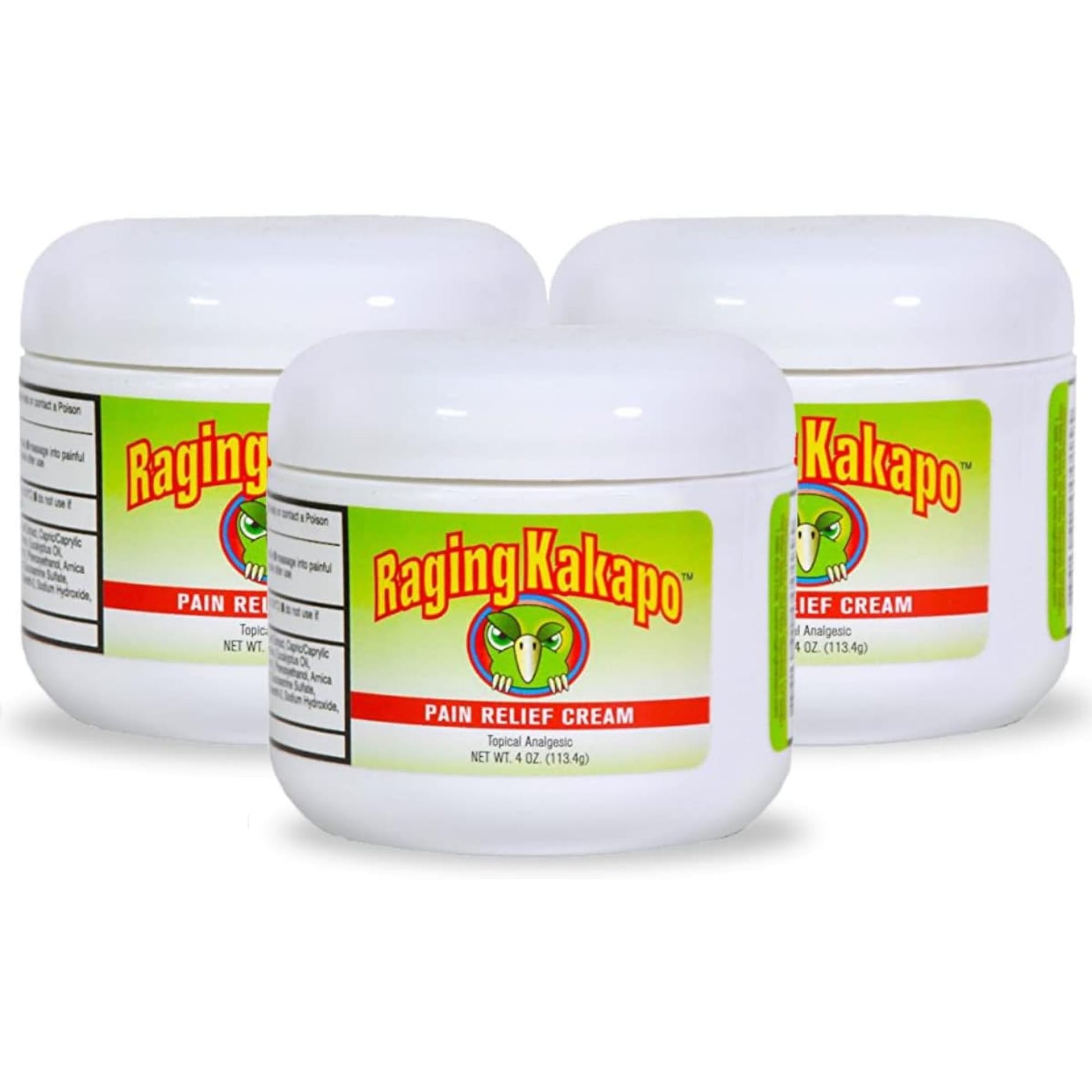 Raging Kakapo Pain Relief Cream 3 Pack - Sore Muscles, Joint Pain & Aches - Odor Free, Non-Greasy Pain Cream - Histamine Dihydrochloride, Capsaicin, Emu Oil, Arnica & More, 4 oz. Jar - dailyvitalstore