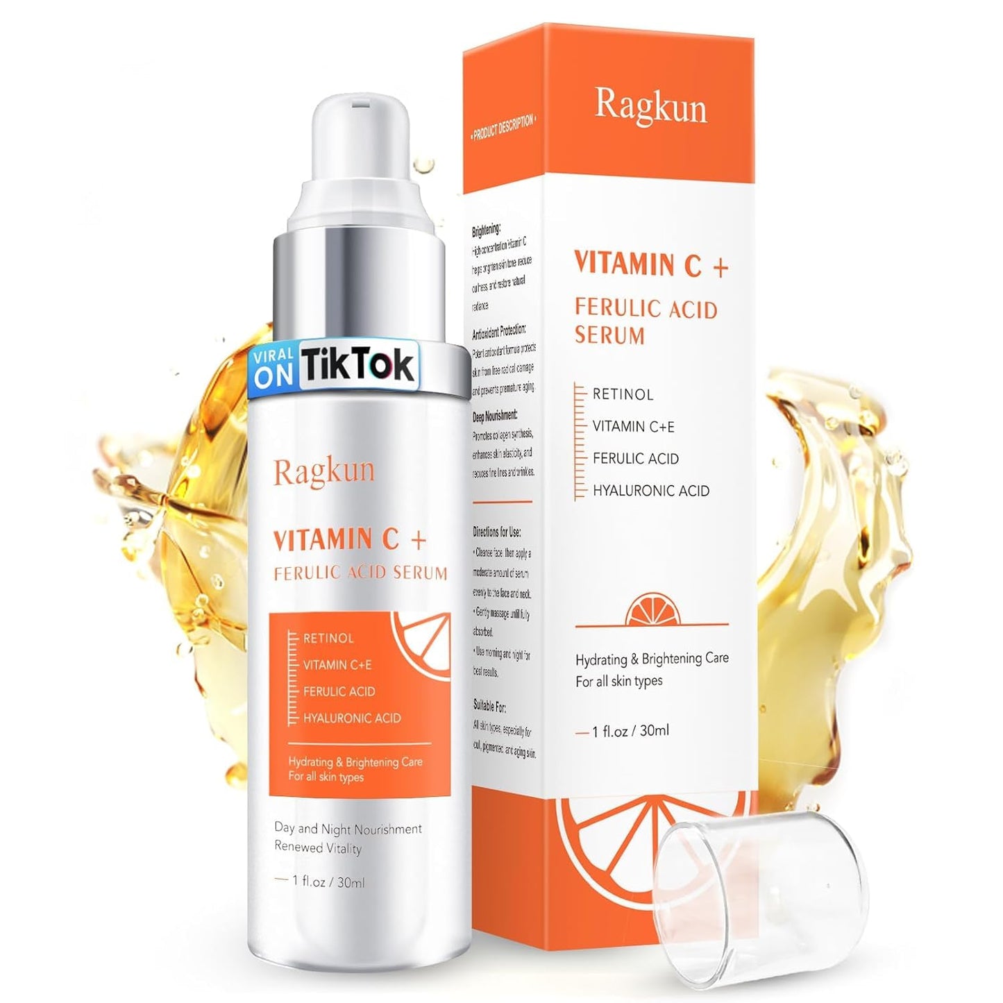 Ragkun 20% Vitamin C Serum, Retinol Serum for Face, Dark Spot Remover for Face, CE Ferulic Acid, Hyaluronic Acid, Hydrate & Plump Skin Care - dailyvitalstore