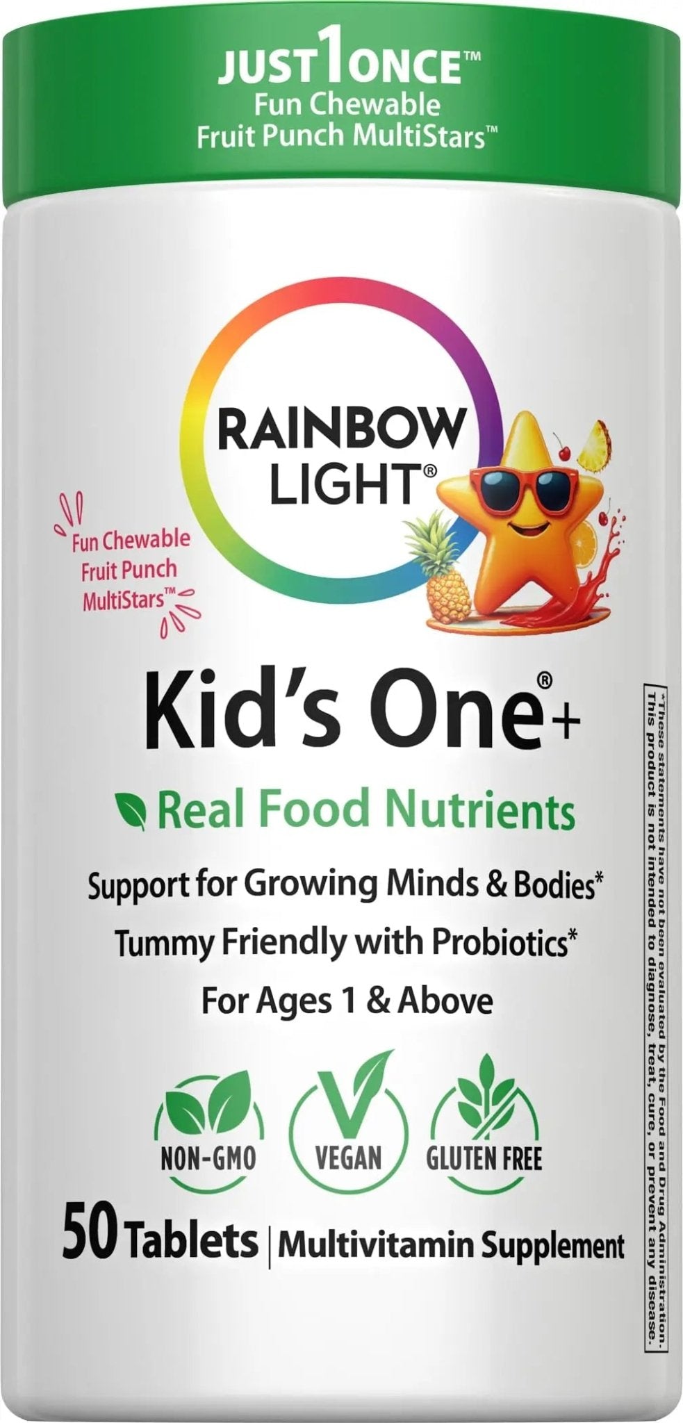 Rainbow Light Kids One + Multivitamin | 50 Chewable Tablets | with Iron & Tummy Friendly Probiotics | Fruit Punch Flavor | Real Food Nutrients - dailyvitalstore