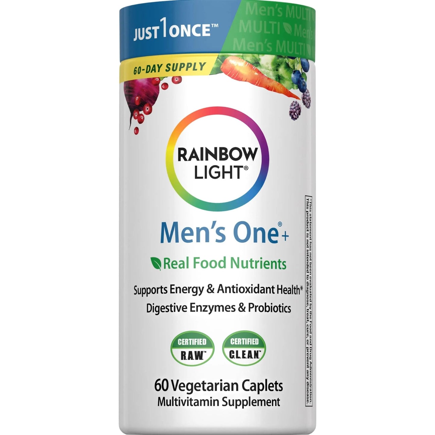 Rainbow Light Mens Multivitamin One + | 60 Caplets | Supports Energy & Antioxidant Health | with Real Food Nutrients, - dailyvitalstore