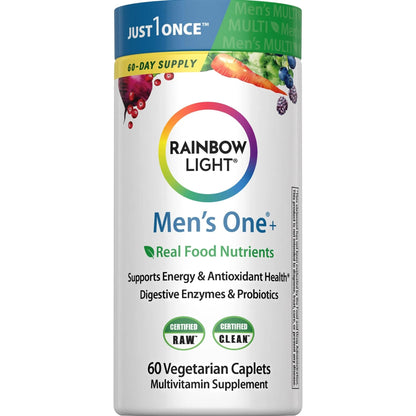 Rainbow Light Mens Multivitamin One + | 60 Caplets | Supports Energy & Antioxidant Health | with Real Food Nutrients, - dailyvitalstore