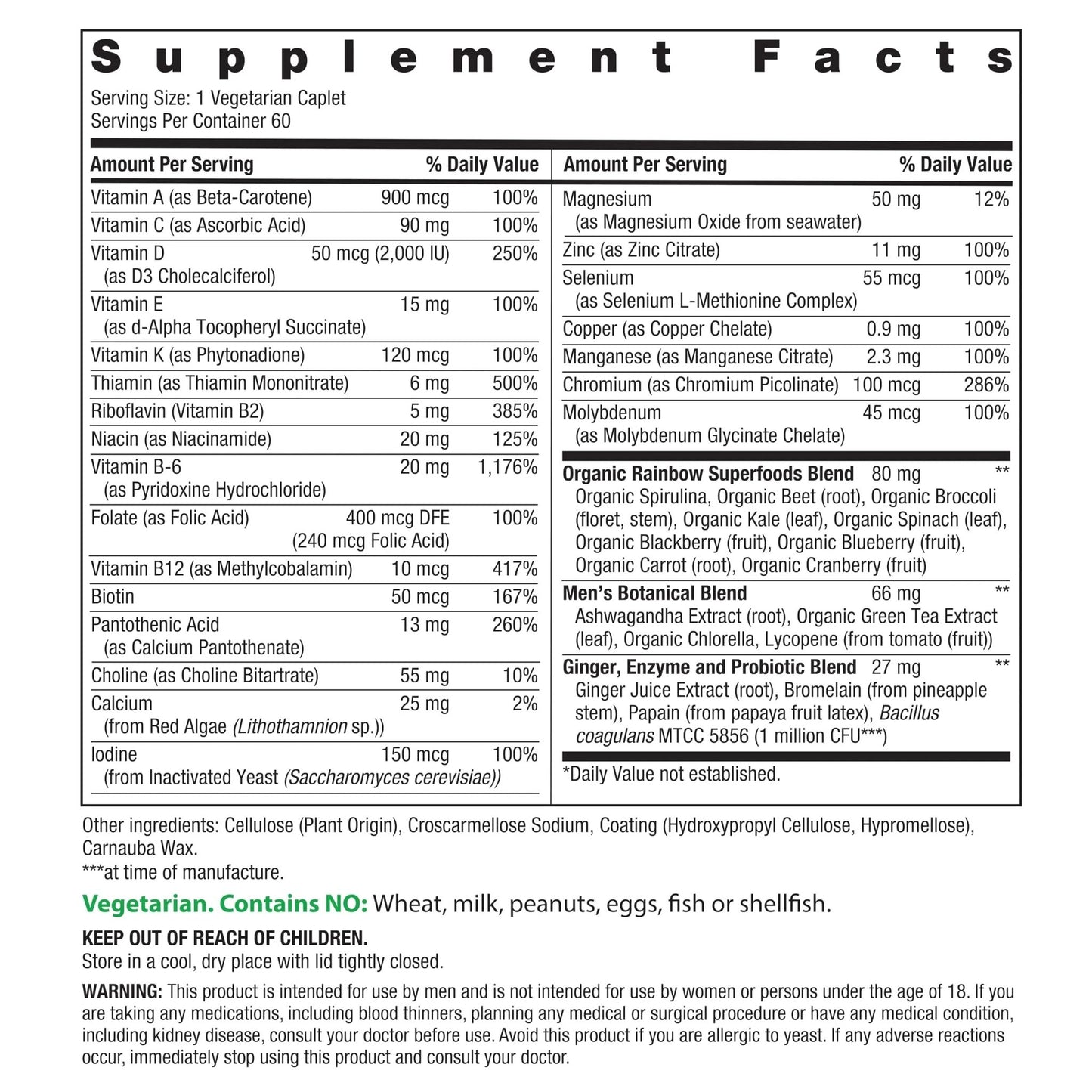 Rainbow Light Mens Multivitamin One + | 60 Caplets | Supports Energy & Antioxidant Health | with Real Food Nutrients, - dailyvitalstore