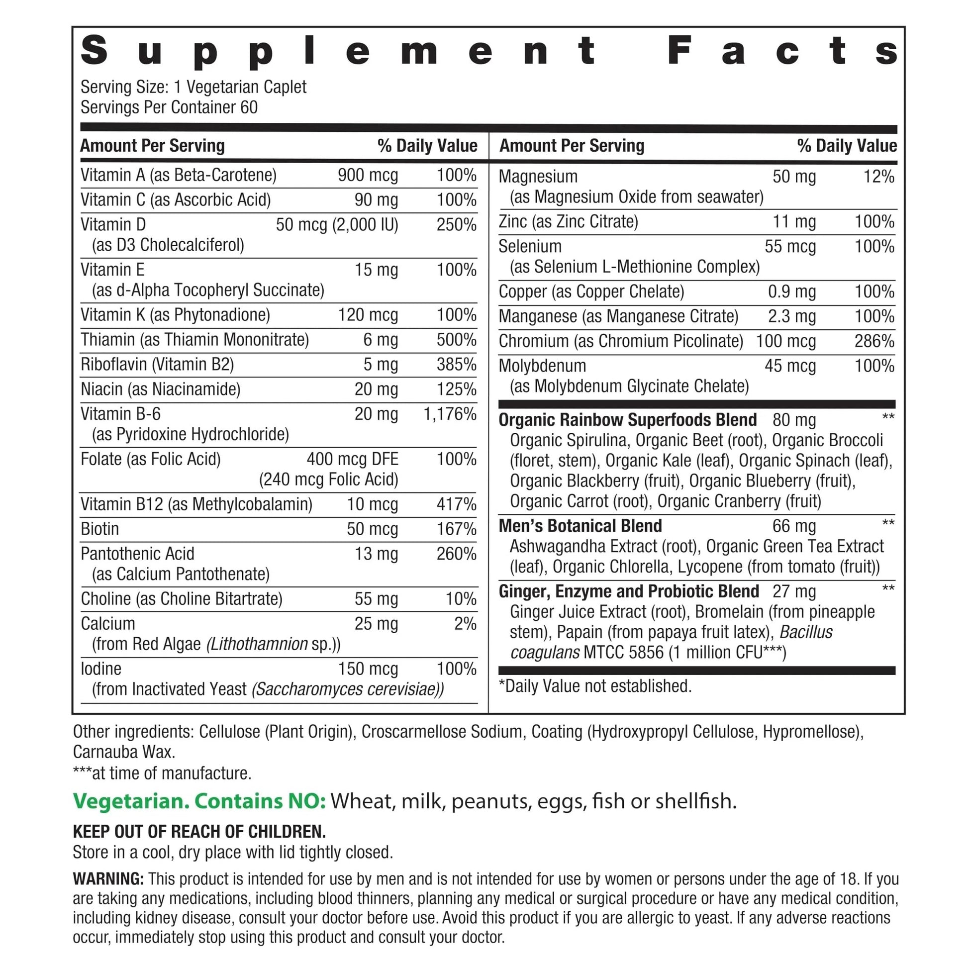 Rainbow Light Mens Multivitamin One + | 60 Caplets | Supports Energy & Antioxidant Health | with Real Food Nutrients, - dailyvitalstore