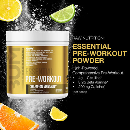 RAW Essential Pre-Workout Powder (Champion Mentality) - Chris Bumstead Sports Nutrition Supplement for Men & Women - Preworkout Energy Powder with Caffein - dailyvitalstore