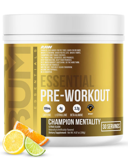 RAW Essential Pre-Workout Powder (Champion Mentality) - Chris Bumstead Sports Nutrition Supplement for Men & Women - Preworkout Energy Powder with Caffein - dailyvitalstore