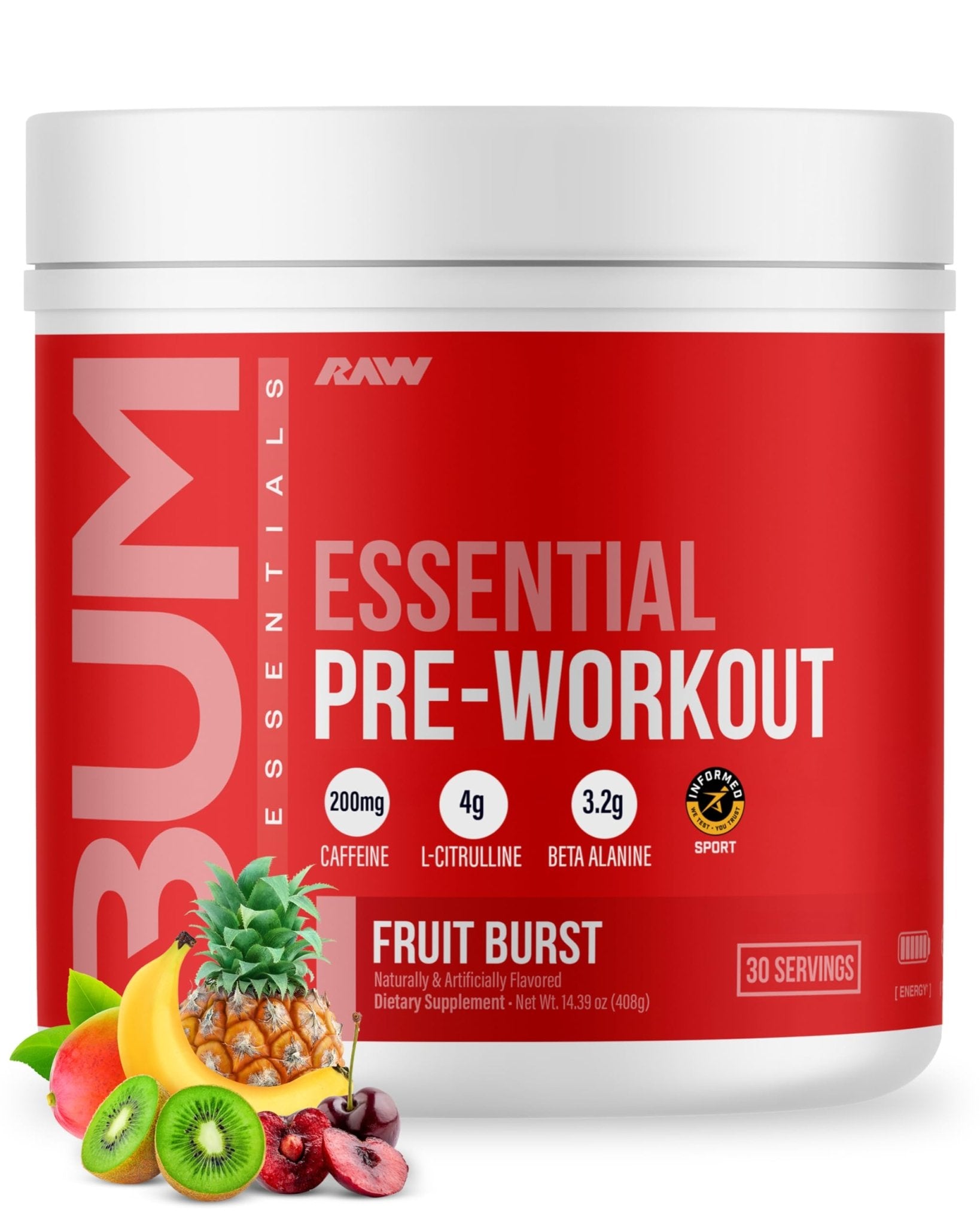 RAW Essential Pre-Workout Powder (Fruit Burst) - Chris Bumstead Sports Nutrition Supplement for Men & Women - Preworkout Energy Powder with Caffeine - dailyvitalstore