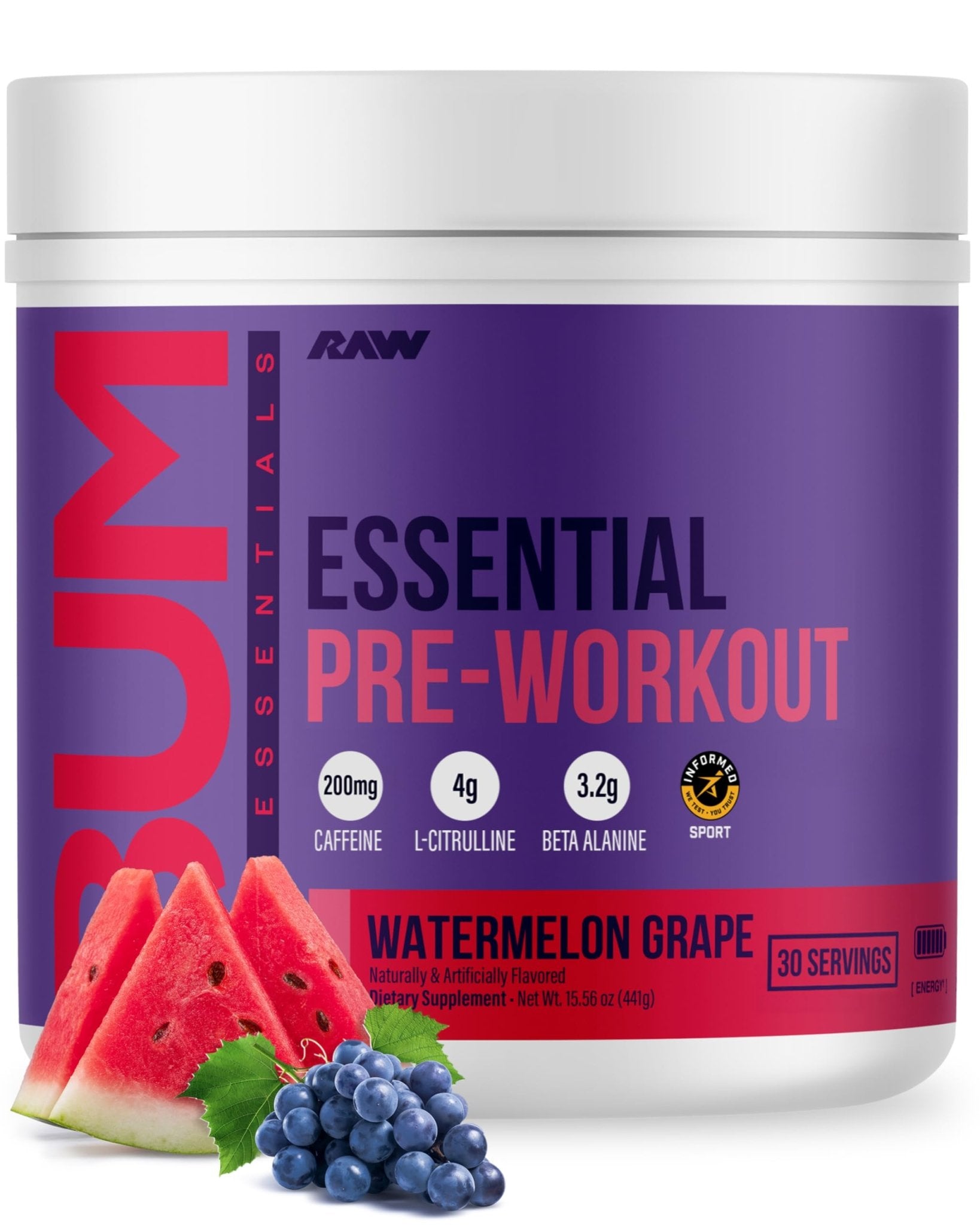 RAW Essential Pre-Workout Powder (Watermelon Grape) - Chris Bumstead Sports Nutrition Supplement for Men & Women - Preworkout Energy Powder with Caffeine, L-Citrulline, - dailyvitalstore