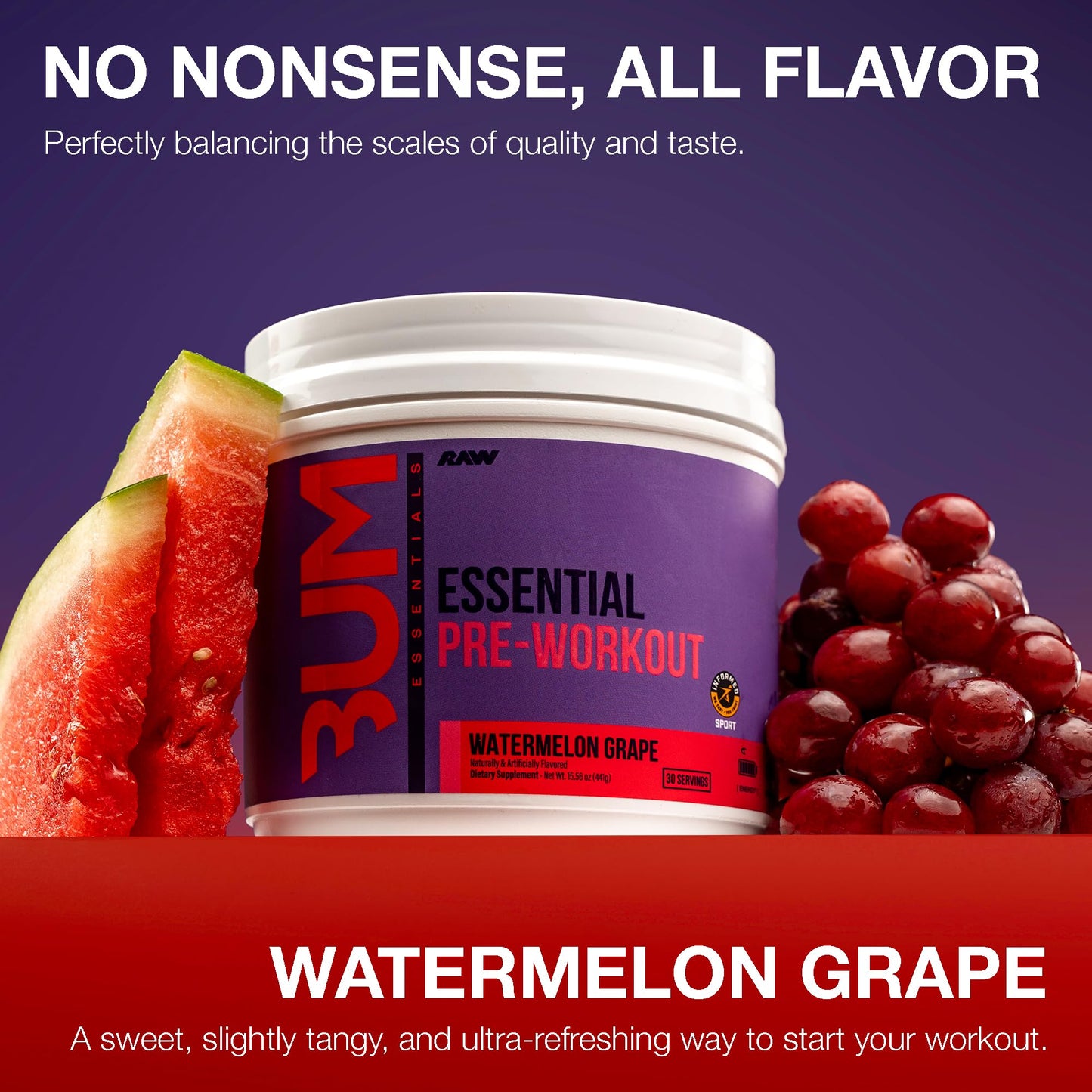 RAW Essential Pre-Workout Powder (Watermelon Grape) - Chris Bumstead Sports Nutrition Supplement for Men & Women - Preworkout Energy Powder with Caffeine, L-Citrulline, - dailyvitalstore