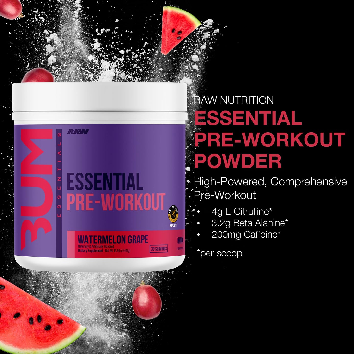 RAW Essential Pre-Workout Powder (Watermelon Grape) - Chris Bumstead Sports Nutrition Supplement for Men & Women - Preworkout Energy Powder with Caffeine, L-Citrulline, - dailyvitalstore