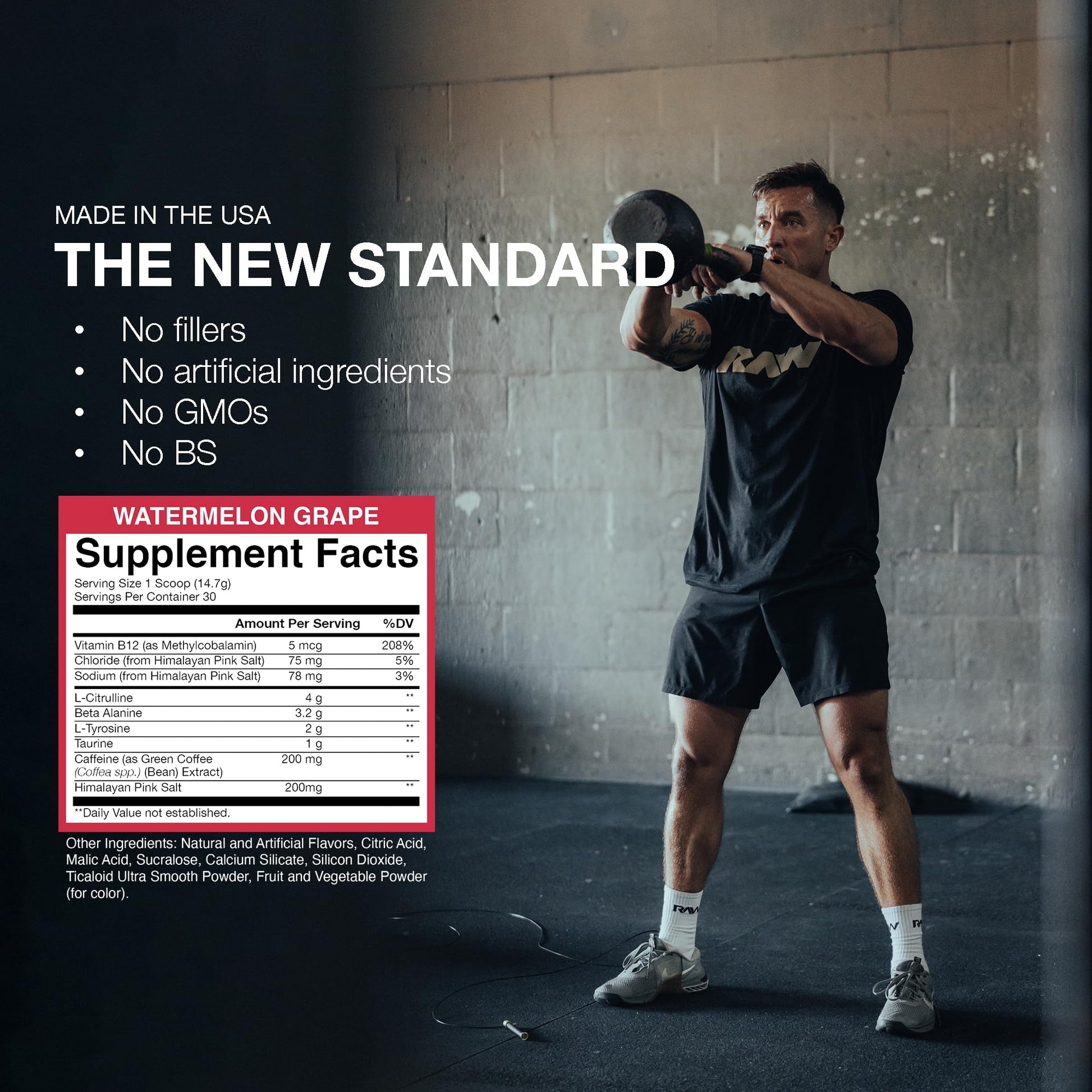 RAW Essential Pre-Workout Powder (Watermelon Grape) - Chris Bumstead Sports Nutrition Supplement for Men & Women - Preworkout Energy Powder with Caffeine, L-Citrulline, - dailyvitalstore