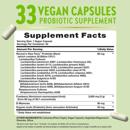 Raw Flora Probiotics for Women | 30 Billion CFU | 33 Capsules | with Cranberry and D-Mannose | Vegan, Non-GMO & Gluten Free Supplement - dailyvitalstore