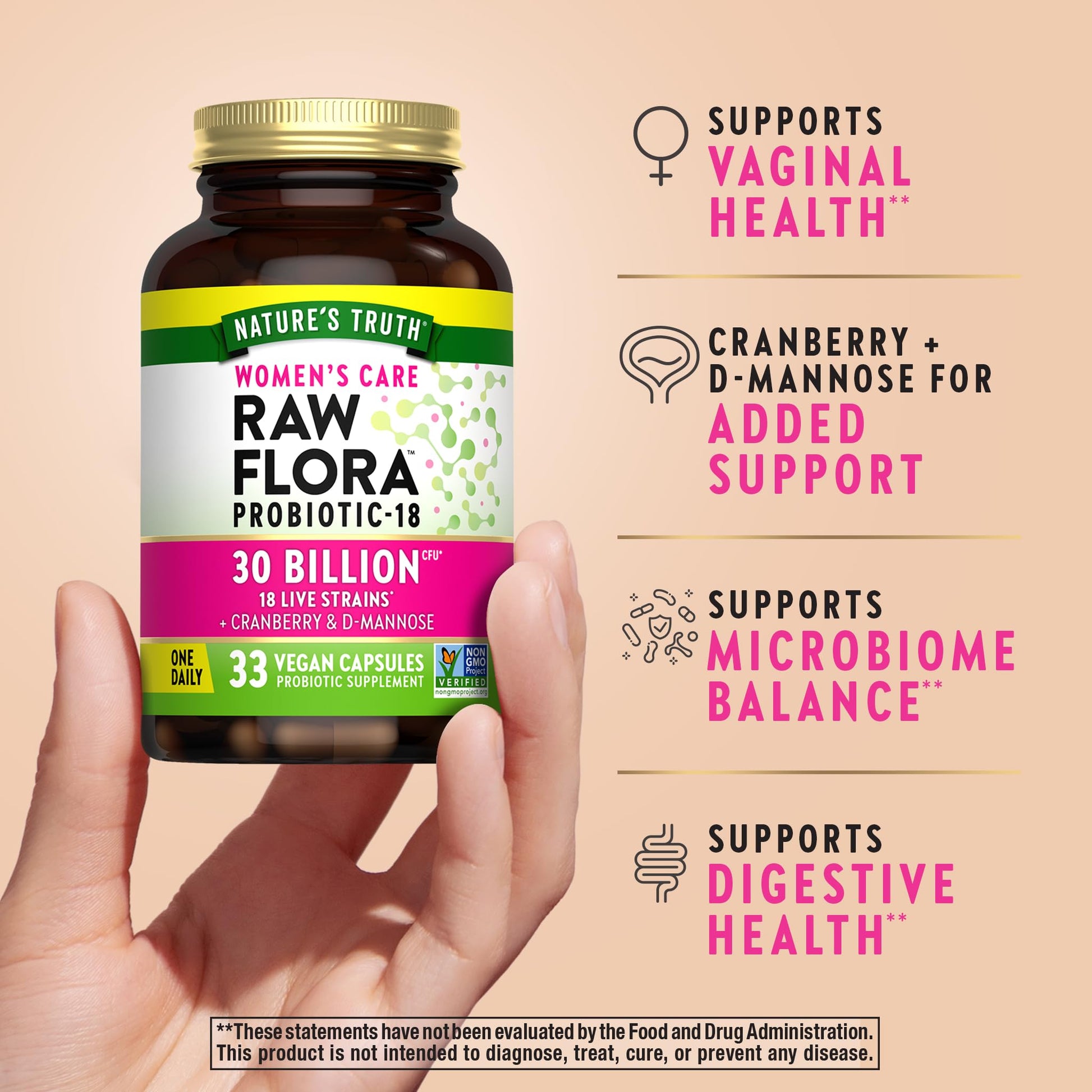 Raw Flora Probiotics for Women | 30 Billion CFU | 33 Capsules | with Cranberry and D-Mannose | Vegan, Non-GMO & Gluten Free Supplement - dailyvitalstore