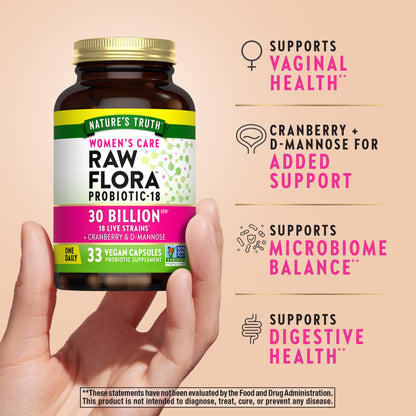Raw Flora Probiotics for Women | 30 Billion CFU | 33 Capsules | with Cranberry and D-Mannose | Vegan, Non-GMO & Gluten Free Supplement - dailyvitalstore