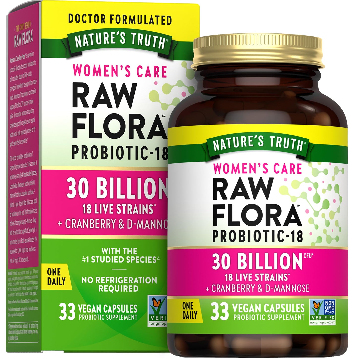 Raw Flora Probiotics for Women | 30 Billion CFU | 33 Capsules | with Cranberry and D-Mannose | Vegan, Non-GMO & Gluten Free Supplement - dailyvitalstore