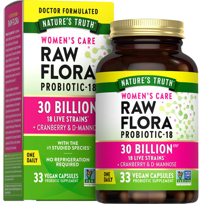 Raw Flora Probiotics for Women | 30 Billion CFU | 33 Capsules | with Cranberry and D-Mannose | Vegan, Non-GMO & Gluten Free Supplement - dailyvitalstore