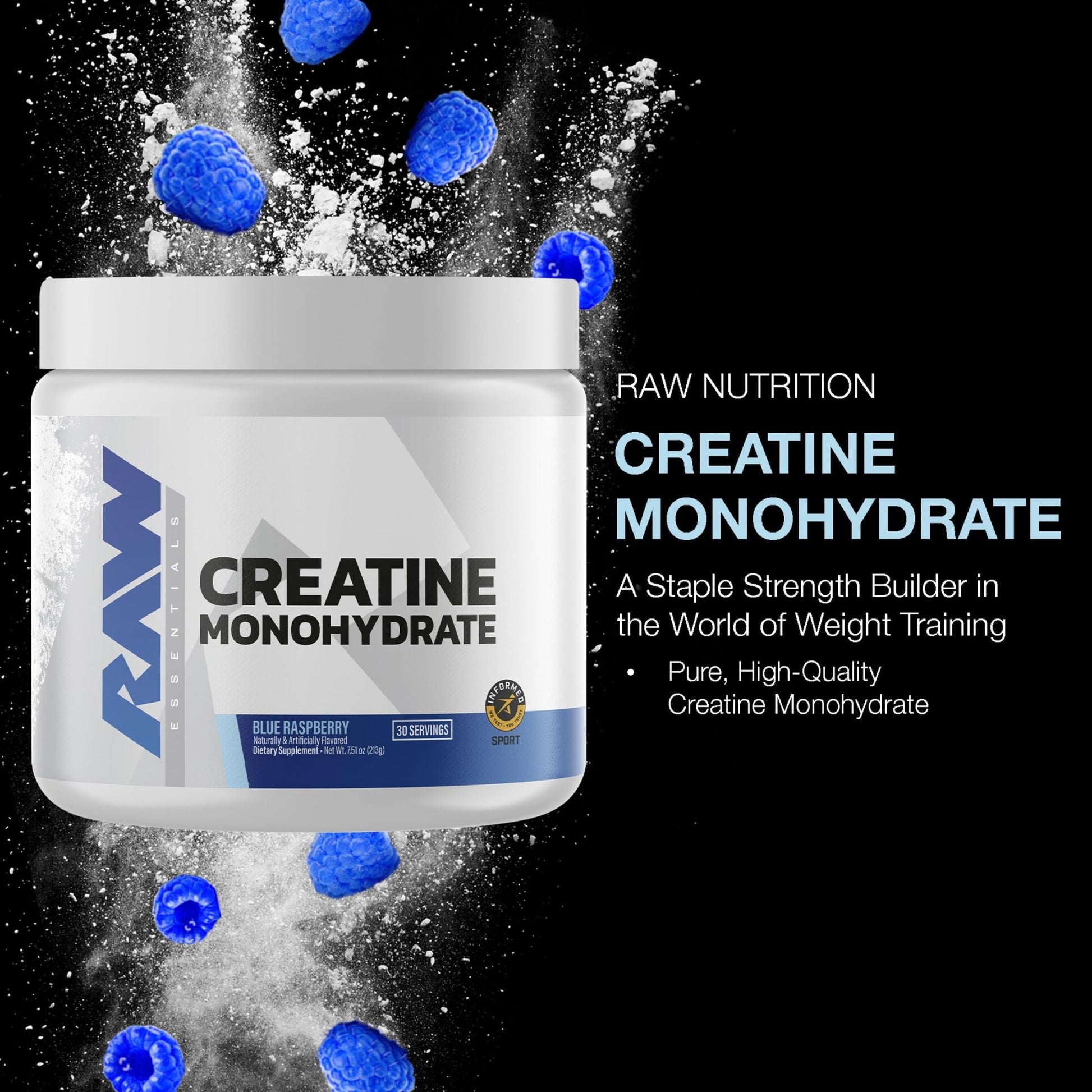 RAW Nutrition Creatine Monohydrate Powder, Blue Raspberry (30 Servings) - Micronized Creatine Monohydrate Supplement for Workout Performance, Build Muscle & Strength - dailyvitalstore